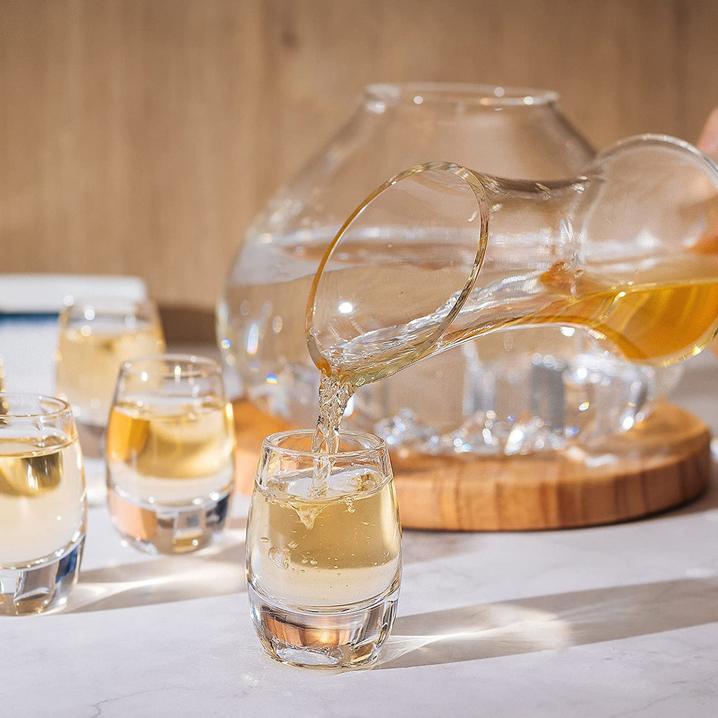 Sake Set Glasses Japanese, 15 Ounce, With 6-1oz Crystal Saki Cups Set, for Warmer or Cold Japanese Wine Drinking with a Wooden Stone Coaster by The Wine Savant, Cups & Carafe Japanese Gifts Set-3