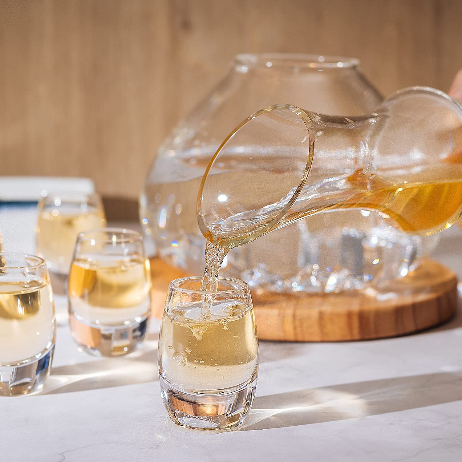 Sake Set Glasses Japanese, 15 Ounce, With 6-1oz Crystal Saki Cups Set, for Warmer or Cold Japanese Wine Drinking with a Wooden Stone Coaster by The Wine Savant, Cups & Carafe Japanese Gifts Set-3