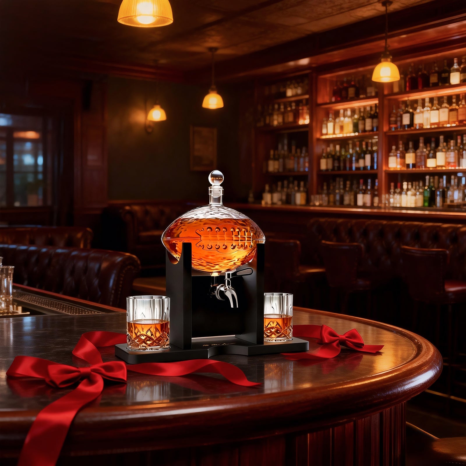 The Wine Savant Football Gifts for Men Dad - Decanter with Mahogany Holder Field Goal Holder + 4 Glasses & Footballs Chillers - Birthday Bar from Daughter Son, Retirement, Father, Him Brother