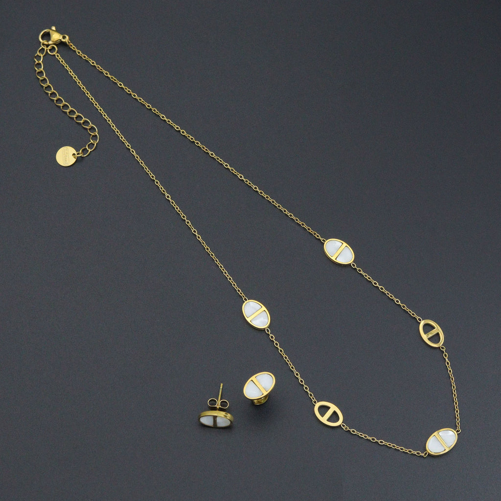 Mother of Pearl Oval Gold Link Necklace & Earring Set - Adjustable