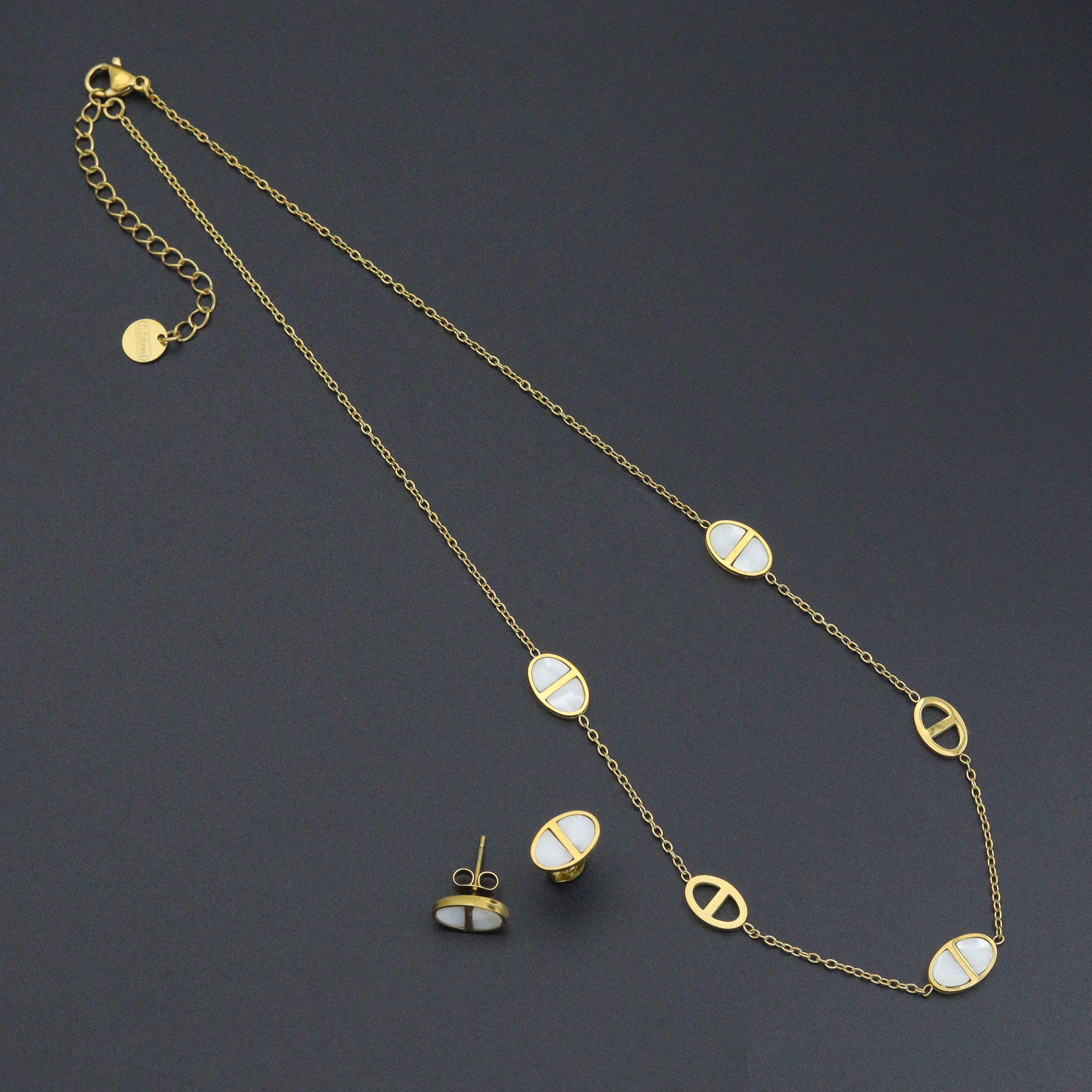 Mother of Pearl Oval Gold Link Necklace & Earring Set - Adjustable