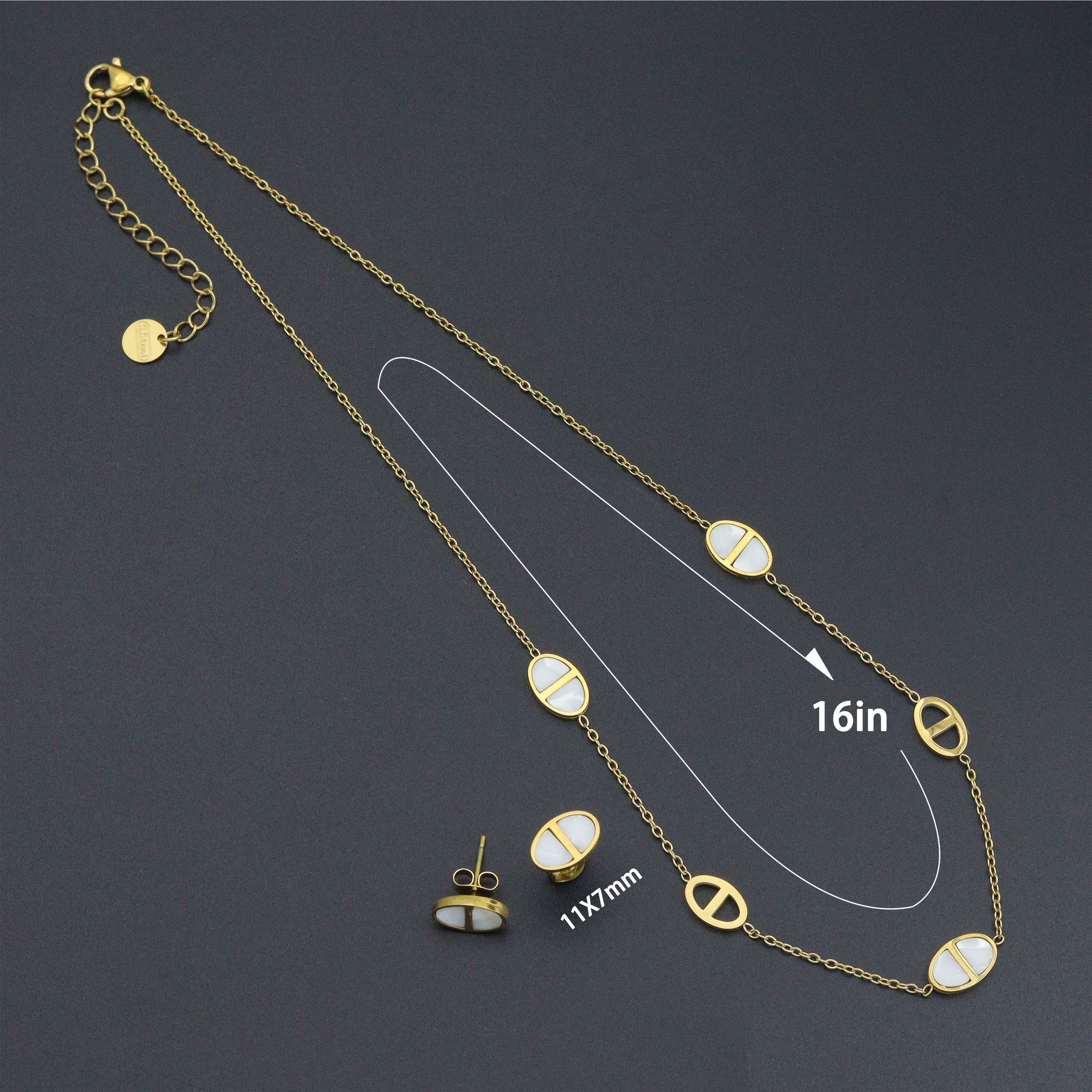 Mother of Pearl Oval Gold Link Necklace & Earring Set - Adjustable