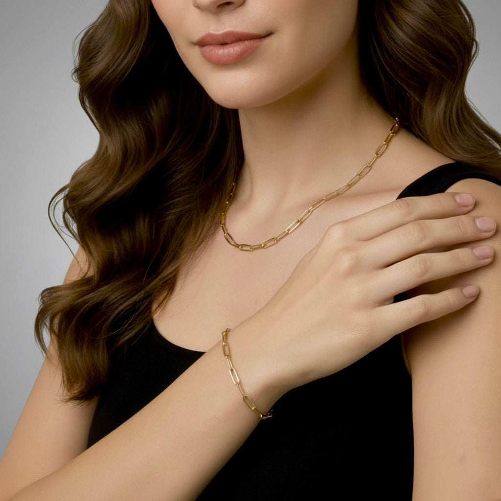 Oval Paperclip Link Chain Necklace and Bracelet Set - Gold