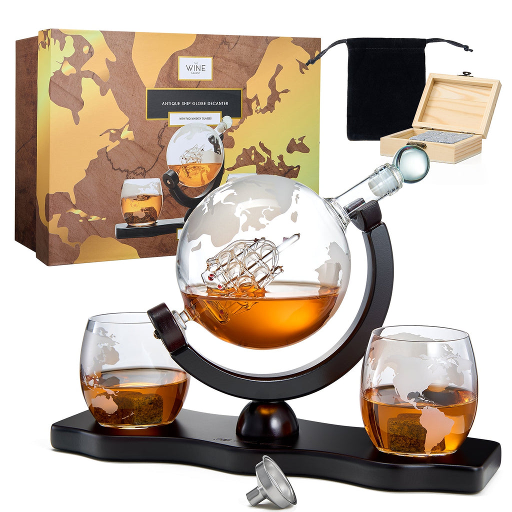 Globe Whiskey Decanter Set with 2 Etched Glasses - 850ml