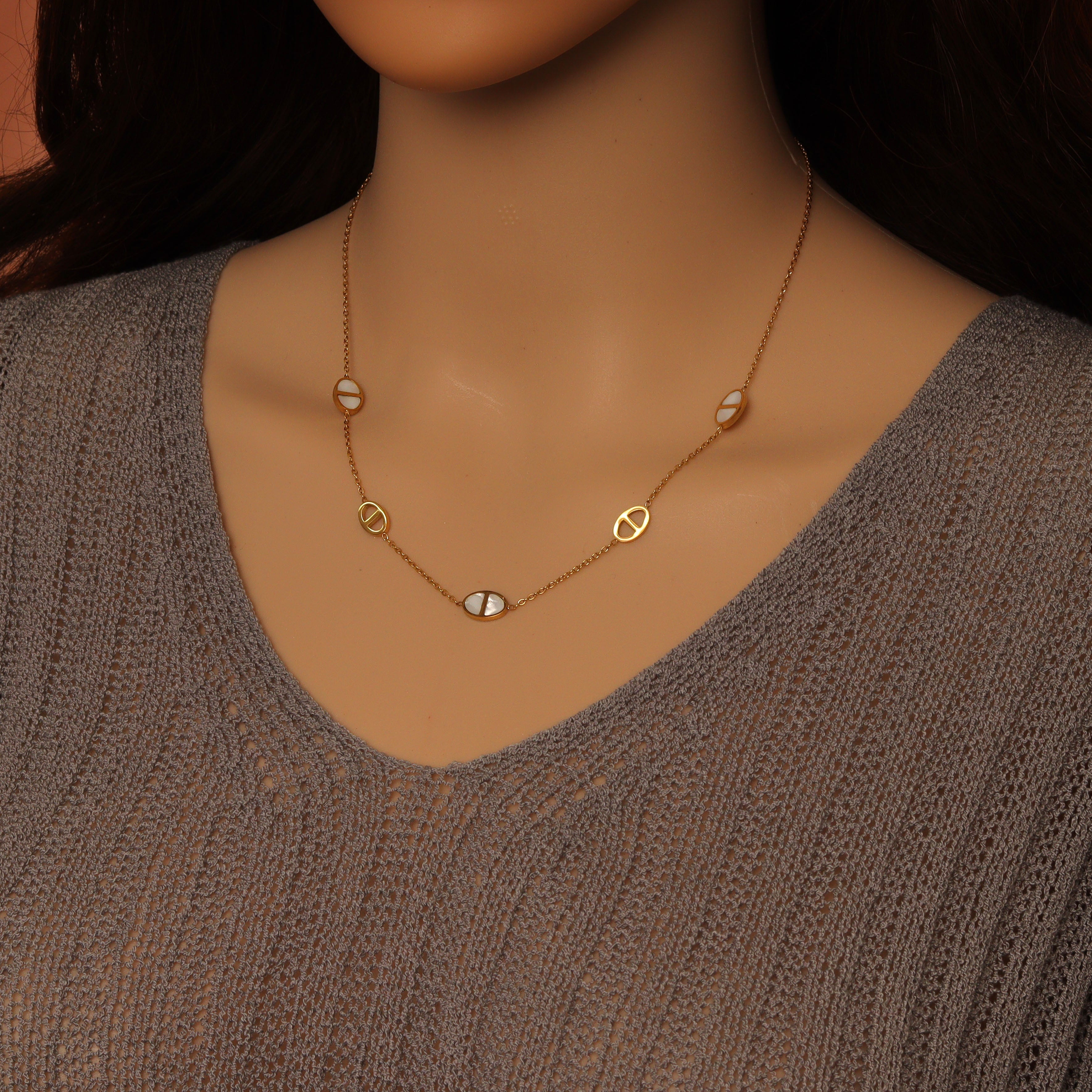 Mother of Pearl Oval Gold Link Necklace & Earring Set - Adjustable