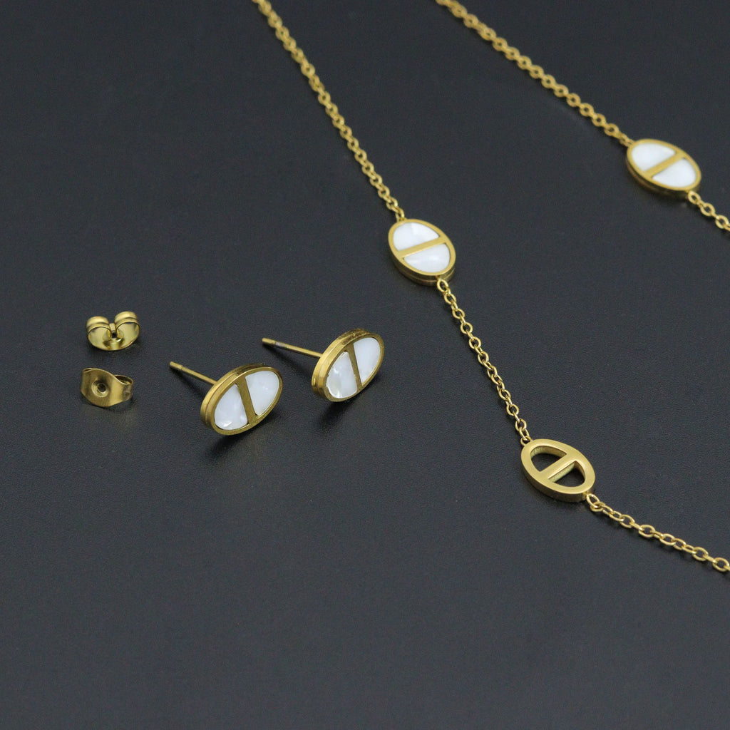 Mother of Pearl Oval Gold Link Necklace & Earring Set - Adjustable