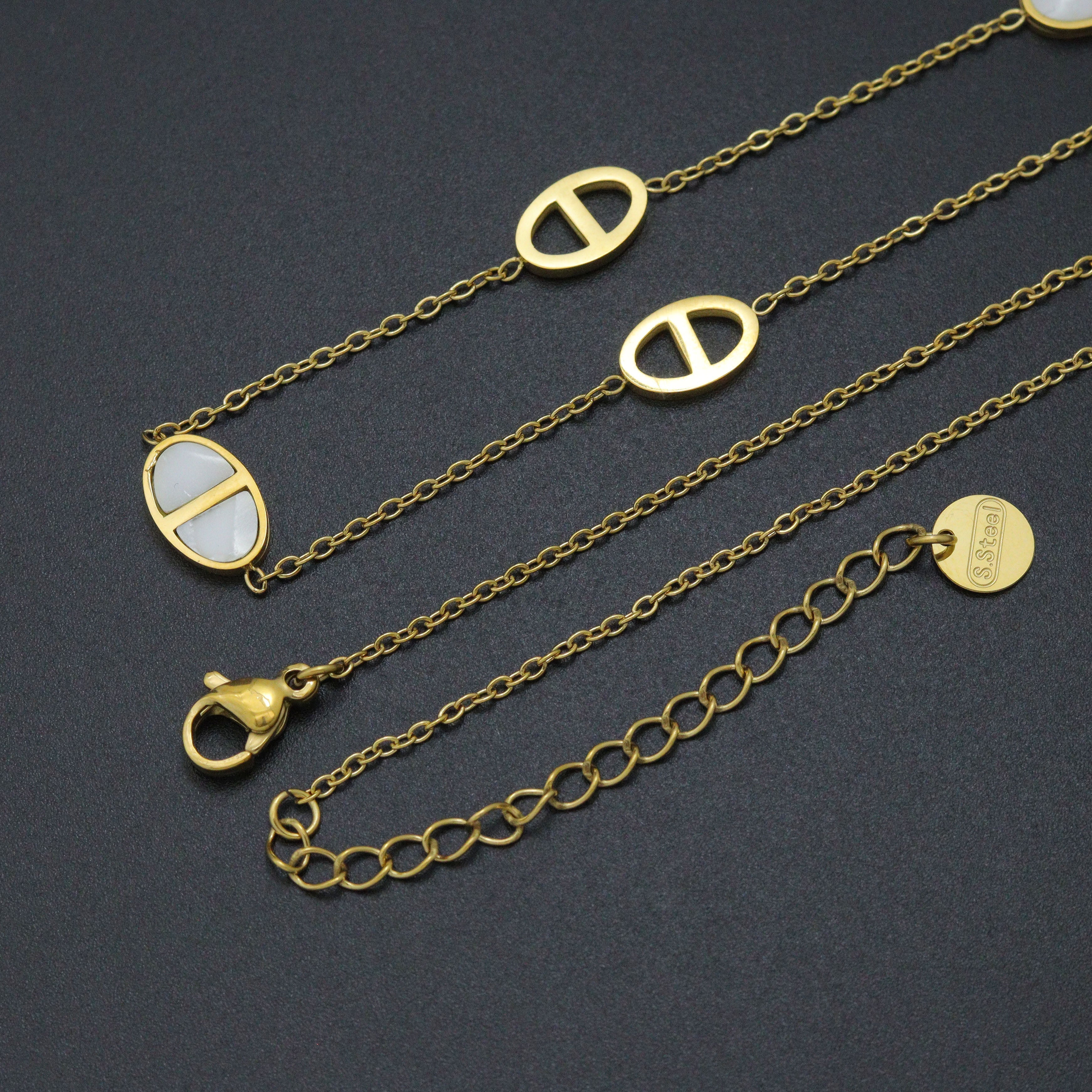 Mother of Pearl Oval Gold Link Necklace & Earring Set - Adjustable