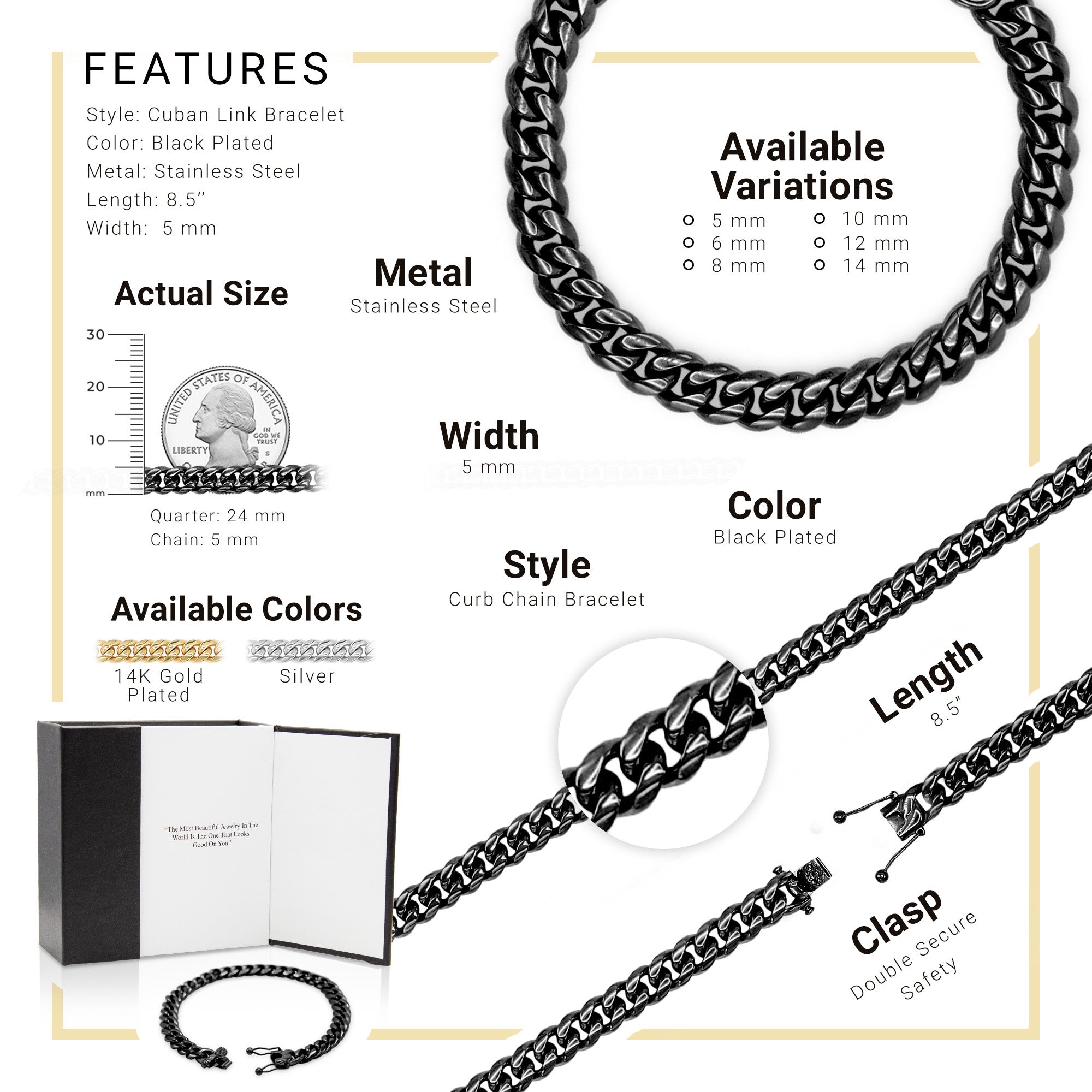 Cuban Link Chain Black Curb Bracelet 8.5" Stainless Steel Men Jewelry