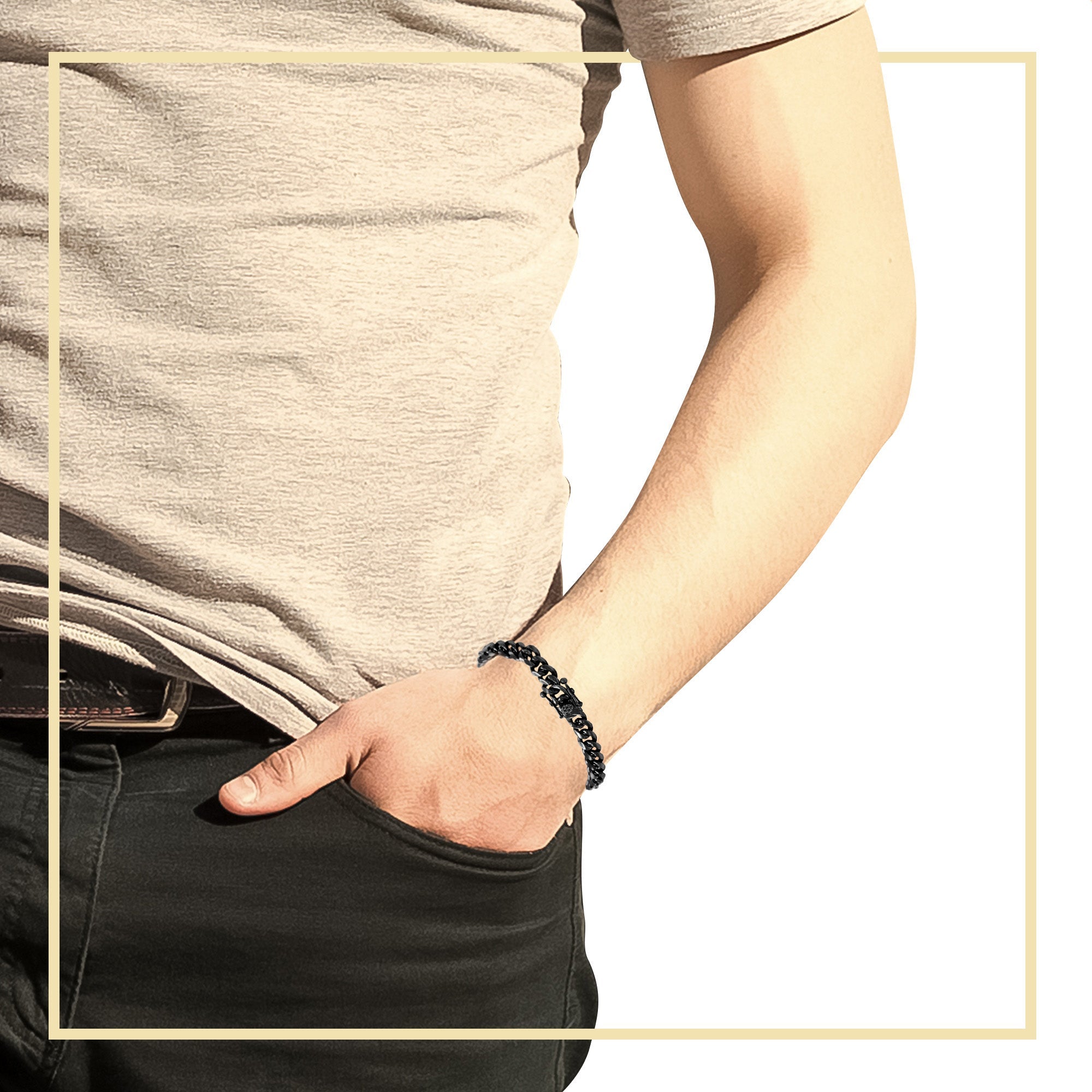 Cuban Link Chain Black Curb Bracelet 8.5" Stainless Steel Men Jewelry