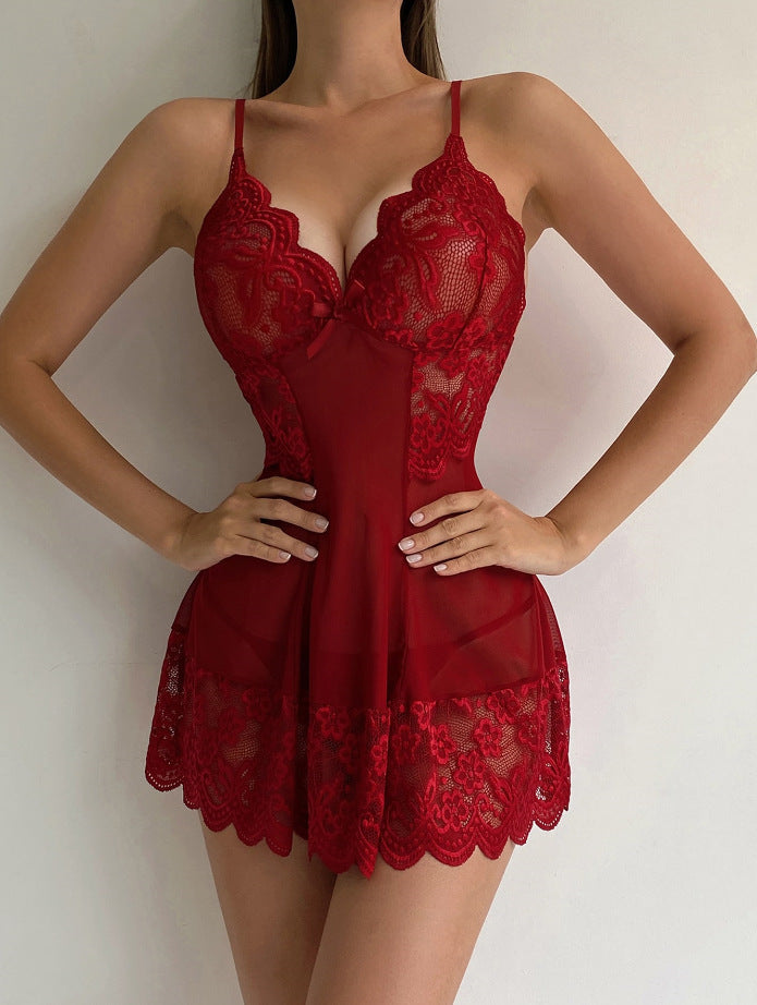 Sexy Hollow Out Cutout Out See Through Printed Lace Slip Nightdress Sexy Lingerie Suit