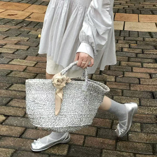 Silver Portable Straw Weaved Bag Metal Sense Large Capacity Hand Carrying Woven Bag Women Seaside Vacation Beach Bag