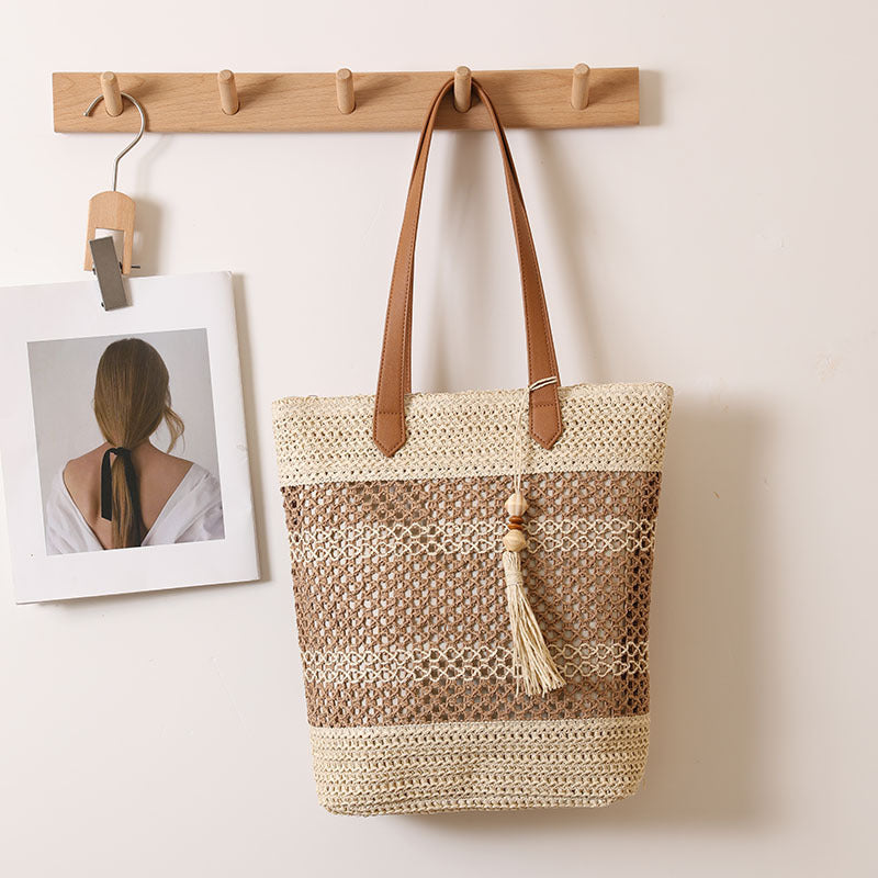 Tassel Shoulder Straw Bag Striped Hollow Out Cutout Straw Bag Woven Bag Vacation Beach Bag