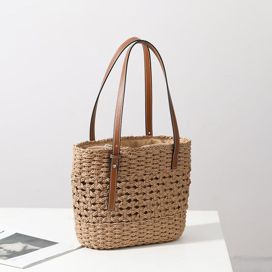 Straw Woven Bag Women Hollow Out Cutout Handmade Straw Bag Woven Bag Shoulder Portable Straw Weaved Bag Seaside Vacation Beach Bag