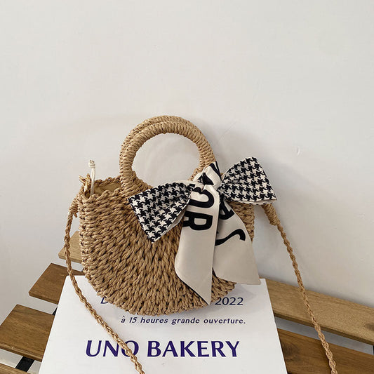 Cute Crossbody Straw Bag Plaid Scarf Portable Straw Bag Woven Bag Vacation Beach Bag Mori Women Bag