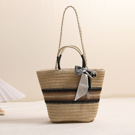 Striped Shoulder Straw Bag Silk Scarf Woven Tote Women Seaside Vacation Beach Bag