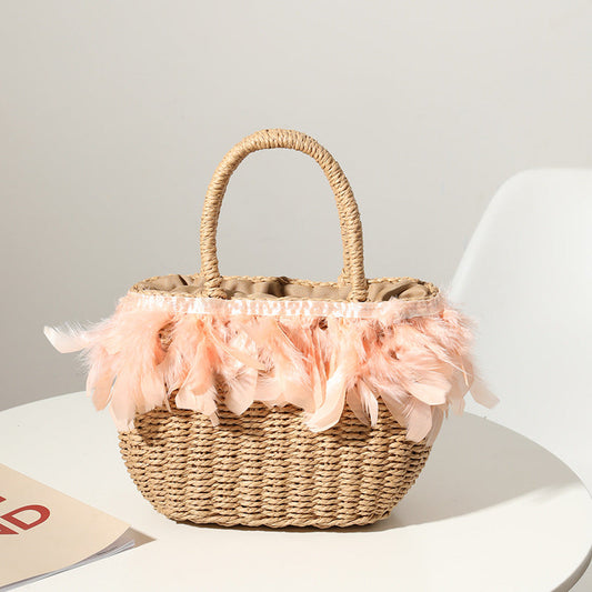 Straw Bag Women Fairy Feather Model Straw Bag Woven Bag Handbag Travel Bag Vacation Beach Bag