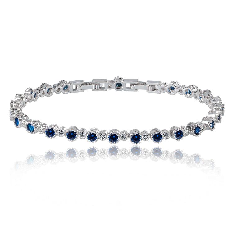 Sapphire and White Diamond Tennis Bracelet with Round Cut Cubic Zirconia