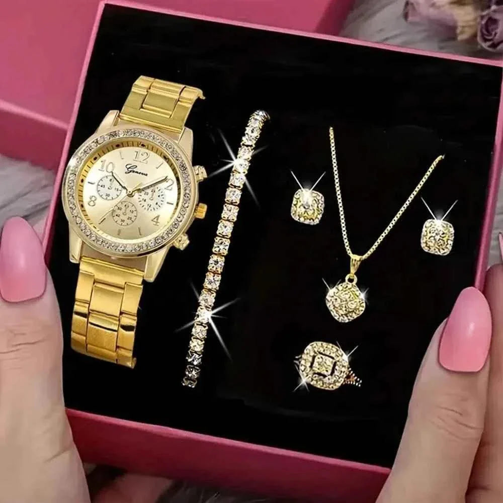 5-Piece Elegant Luxury Gold Watch & Jewelry Set Perfect Gift for Any Occasion