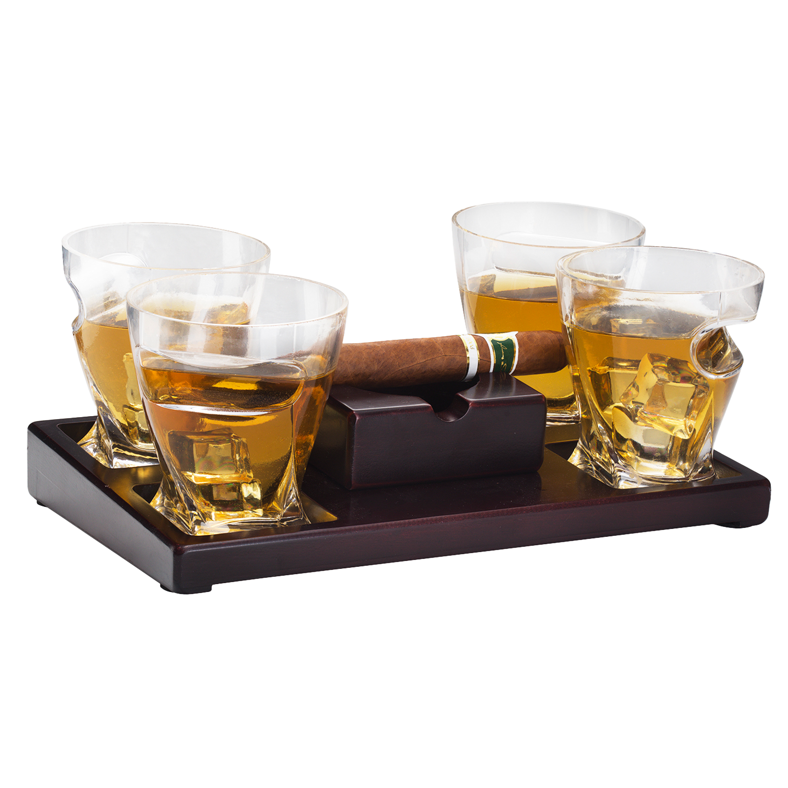 Cigar Holder Whiskey Glasses Set with Wood Base & Ashtray - 2 Glasses