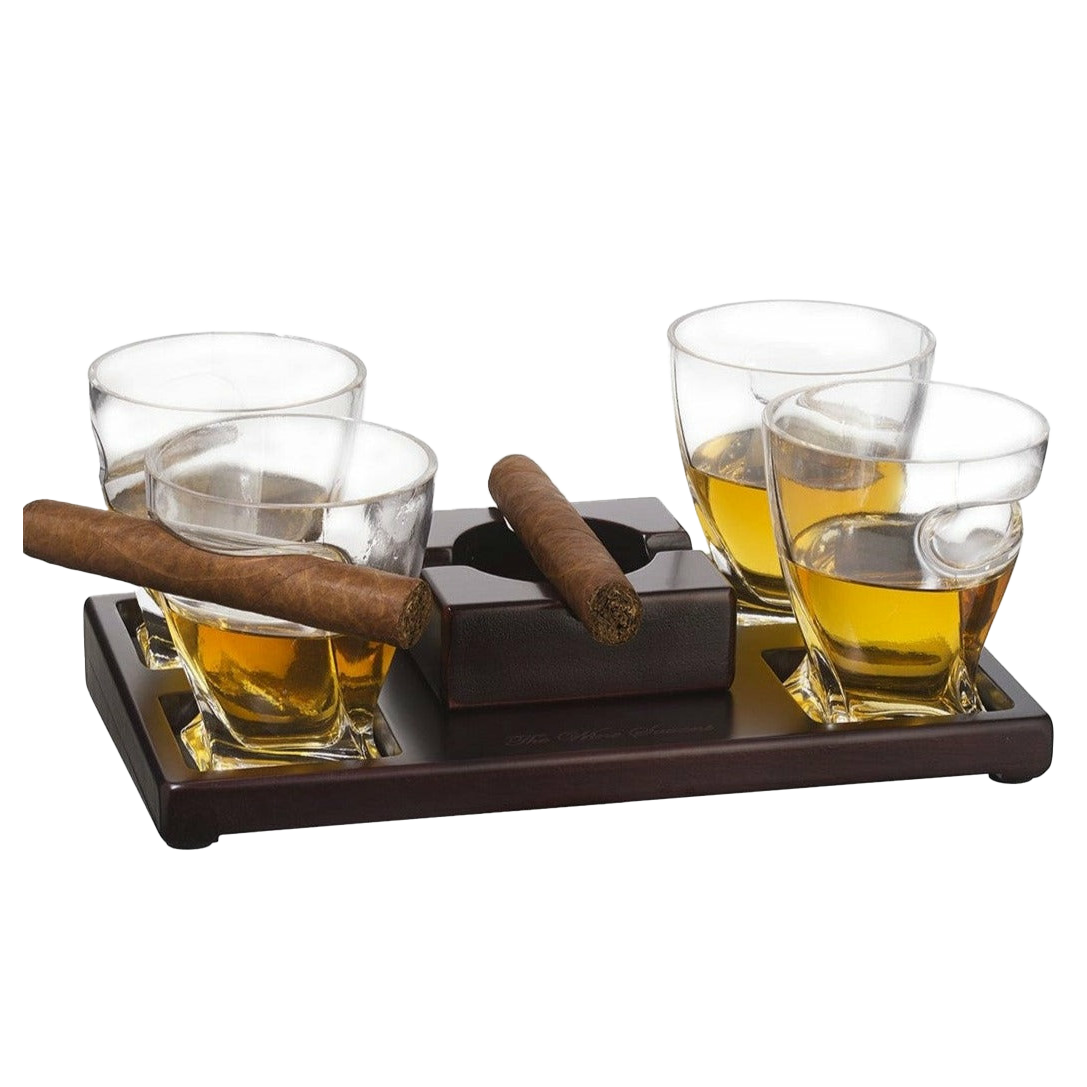 Cigar Holder Whiskey Glasses Set with Wood Base & Ashtray - 2 Glasses