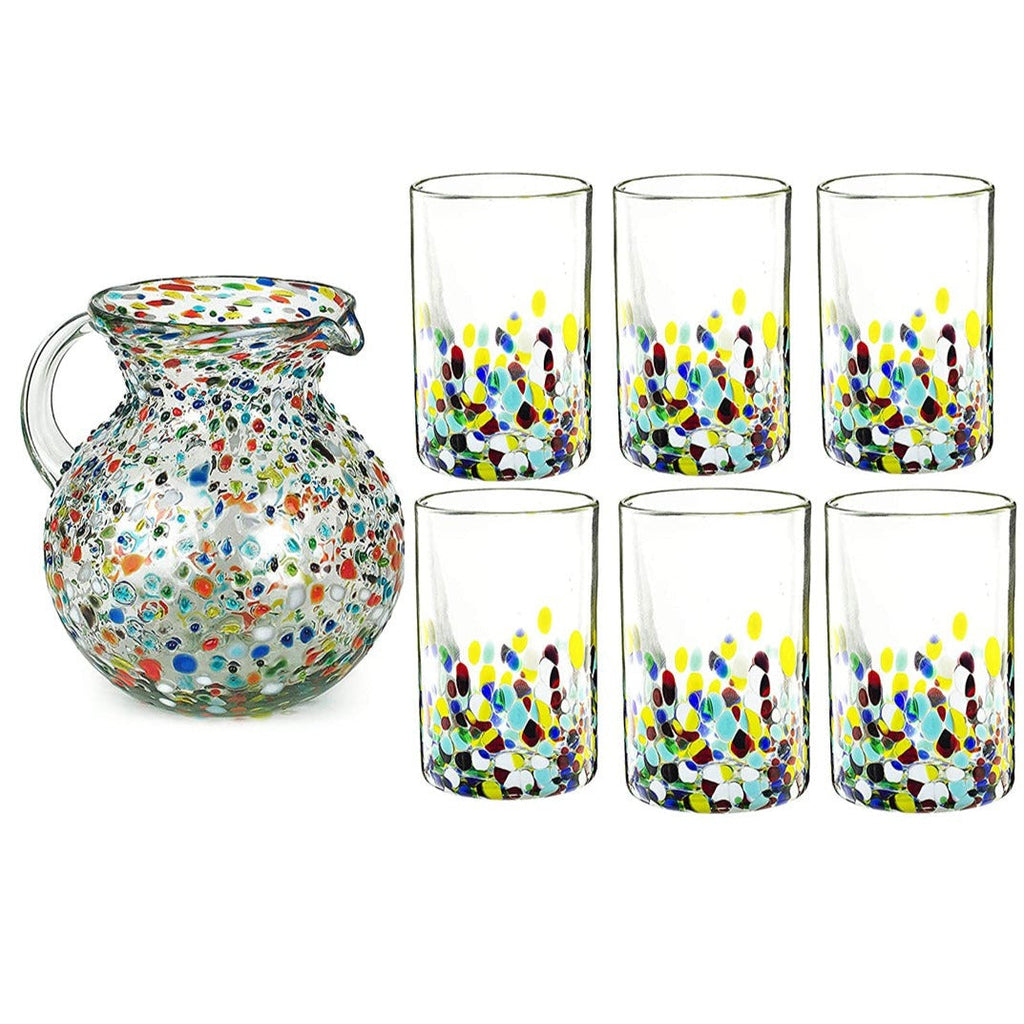 Hand Blown Mexican Confetti Pitcher & Glasses Set - 7 Piece