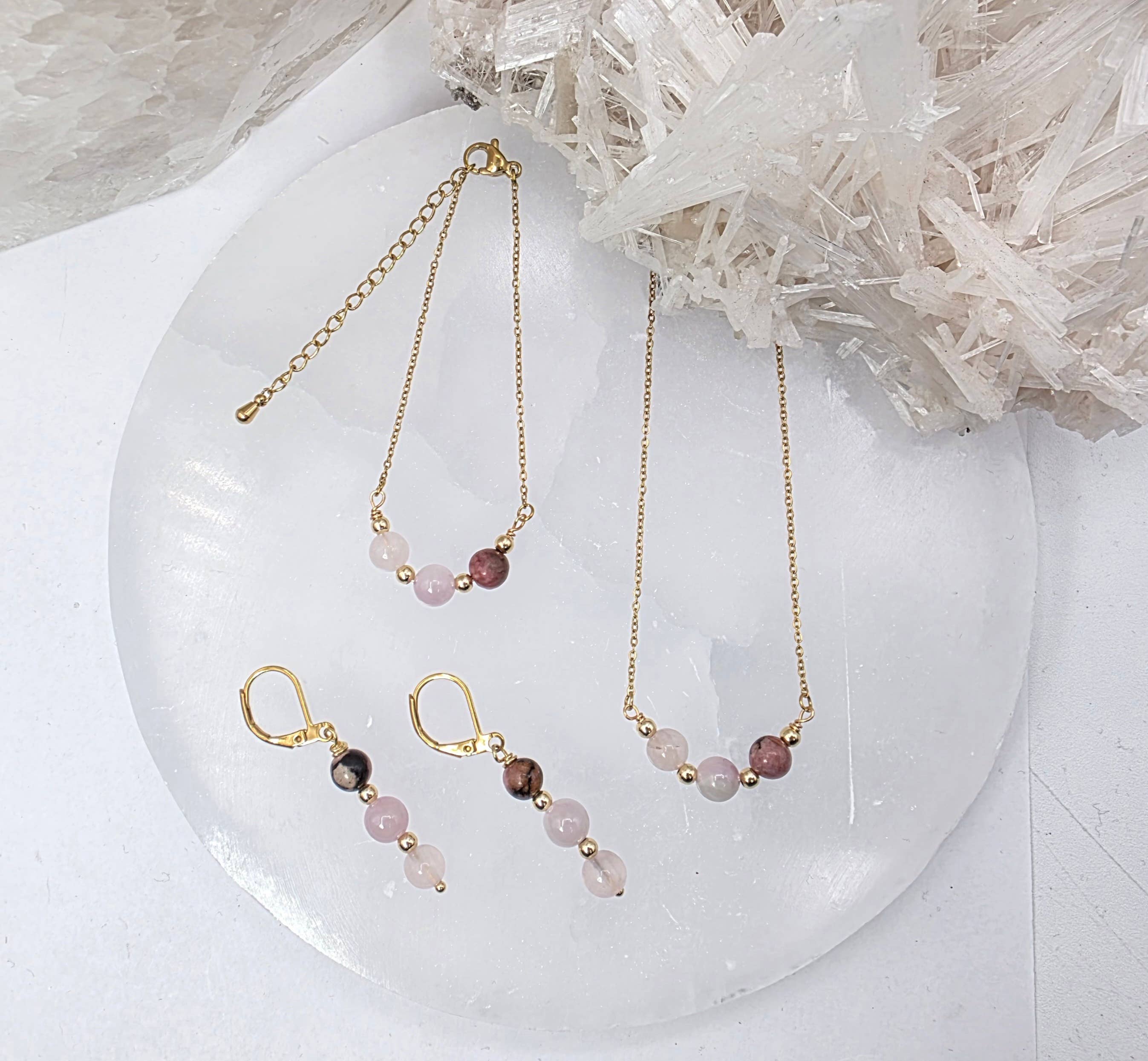 I AM ENOUGH -Kunzite, Rose Quartz, Rhodonite Gem Jewelry Set