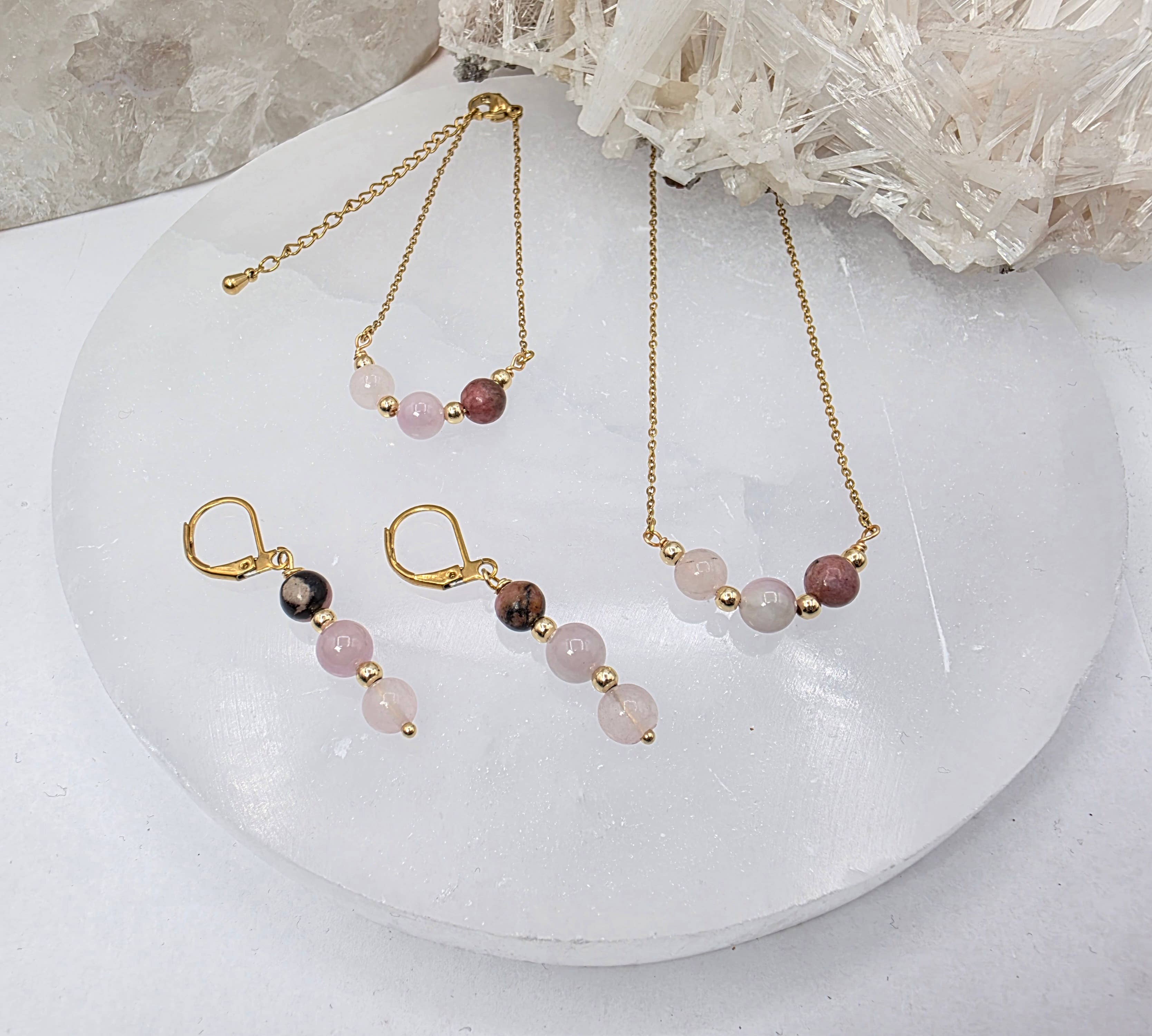 I AM ENOUGH -Kunzite, Rose Quartz, Rhodonite Gem Jewelry Set