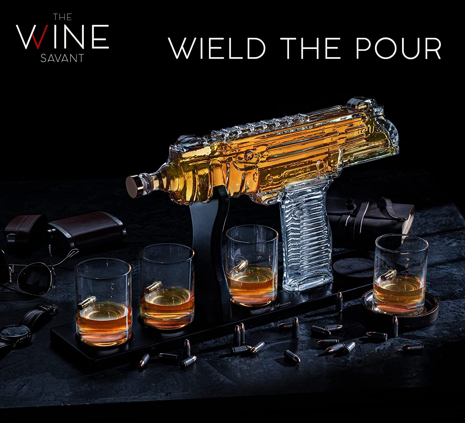 Uzi Submachine Gun Whiskey Gun Decanter and 4 Liquor Glasses - Tik Tok Gun Decanter & Glass Set - Gun Gifts for Men - Whiskey Decanter Set - Bourbon & Scotch Decanter - Firearm Shooting Gifts for Dad-1