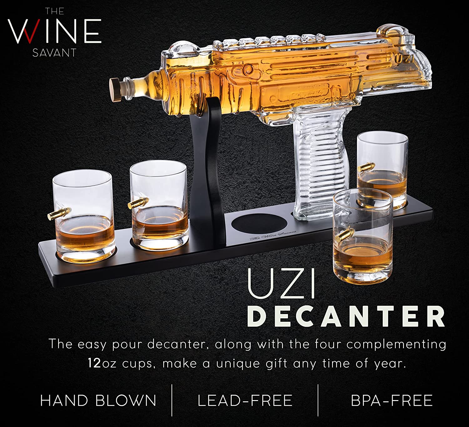 Uzi Submachine Gun Whiskey Gun Decanter and 4 Liquor Glasses - Tik Tok Gun Decanter & Glass Set - Gun Gifts for Men - Whiskey Decanter Set - Bourbon & Scotch Decanter - Firearm Shooting Gifts for Dad-3