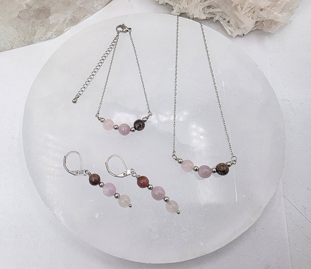 I AM ENOUGH -Kunzite, Rose Quartz, Rhodonite Gem Jewelry Set