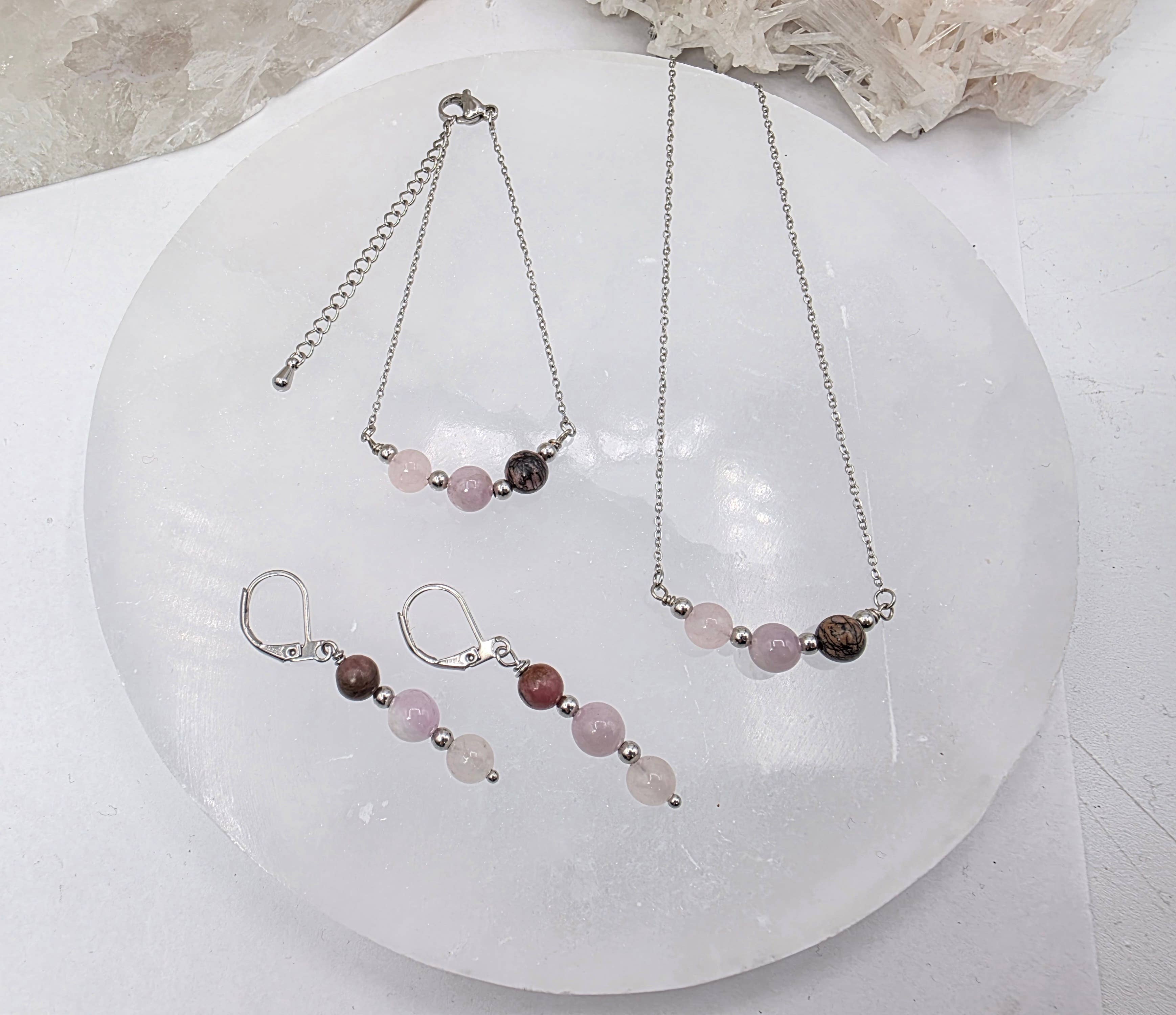I AM ENOUGH -Kunzite, Rose Quartz, Rhodonite Gem Jewelry Set