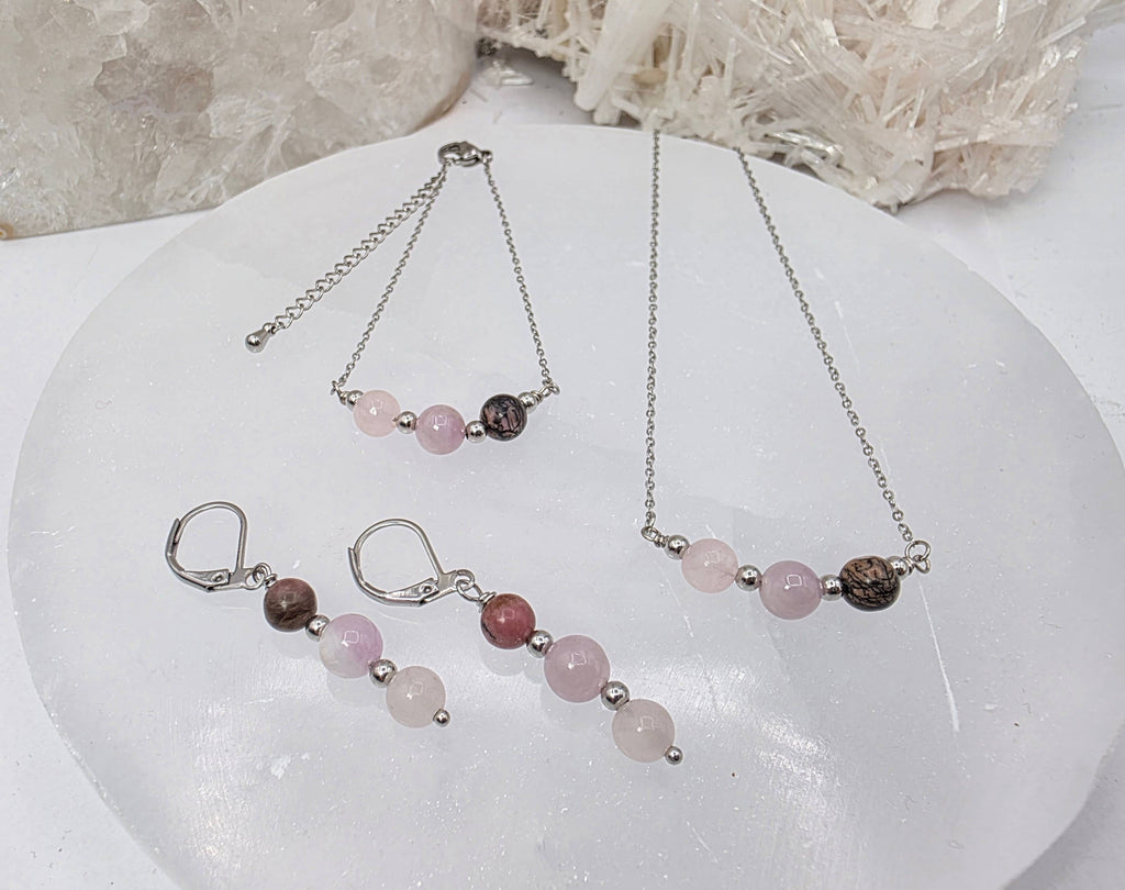 I AM ENOUGH -Kunzite, Rose Quartz, Rhodonite Gem Jewelry Set