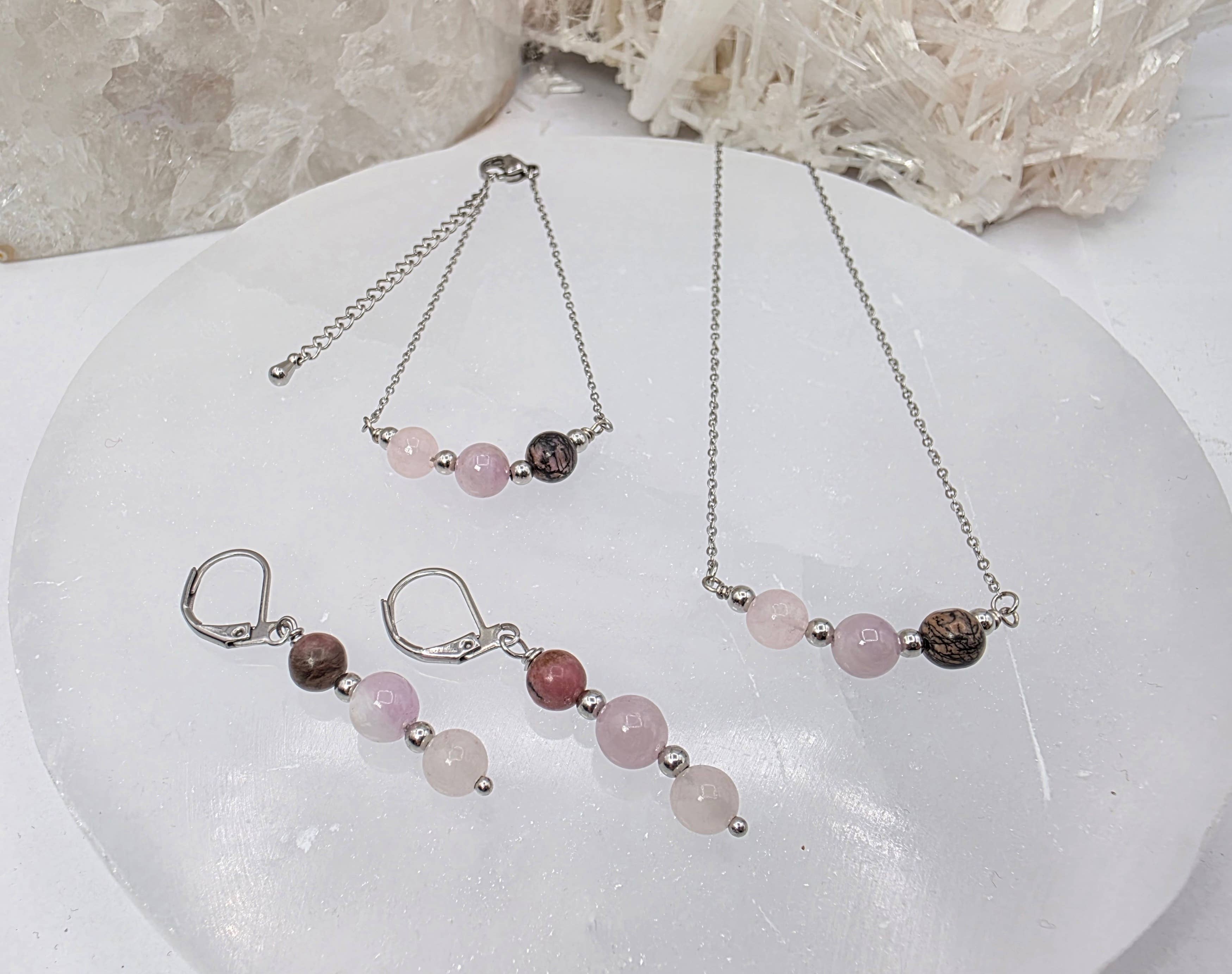 I AM ENOUGH -Kunzite, Rose Quartz, Rhodonite Gem Jewelry Set