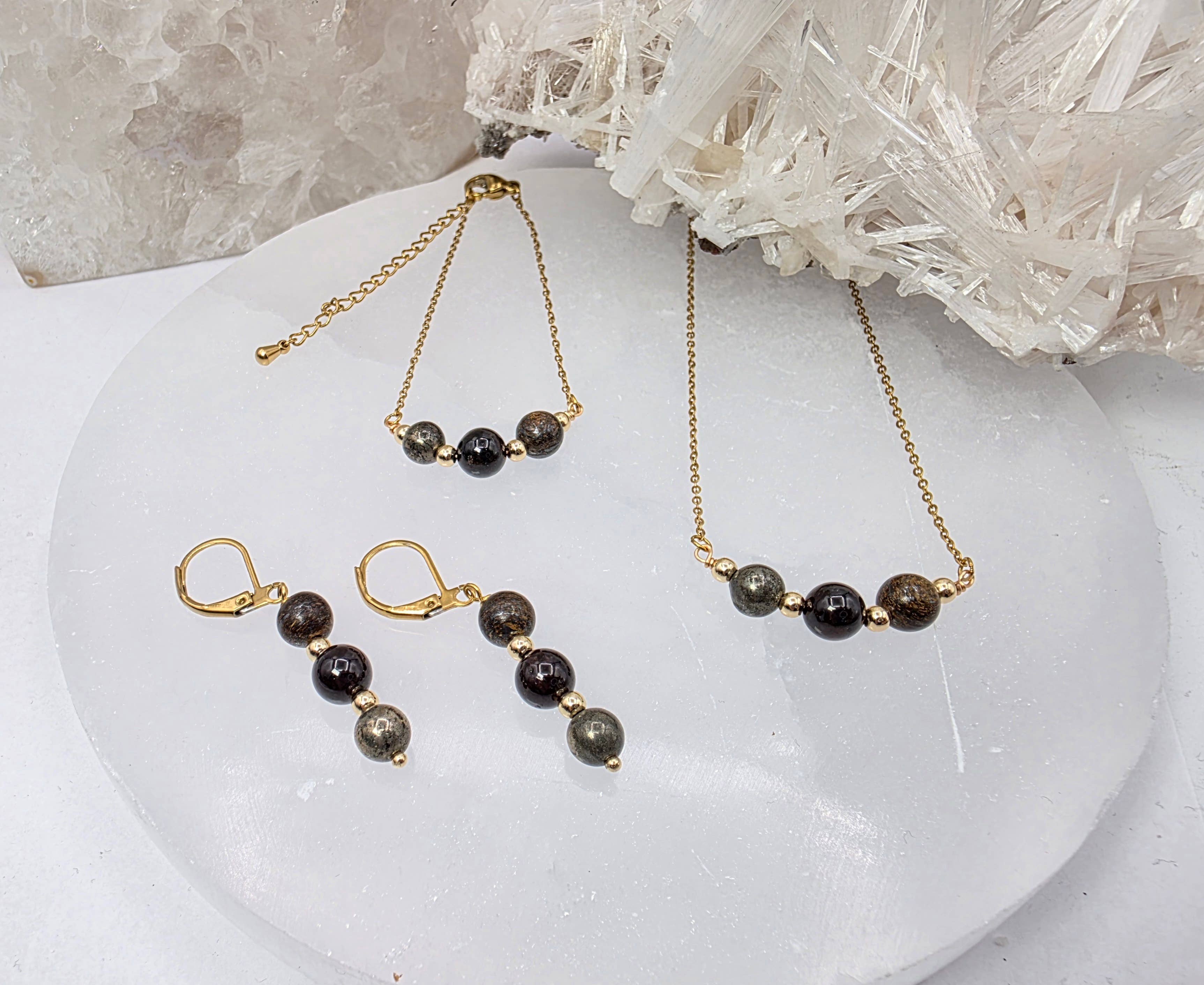 STAY IN MY POWER - Pyrite, Bronzite, Garnet Jewelry Set