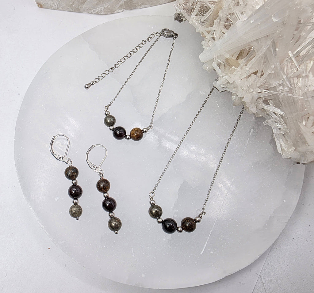STAY IN MY POWER - Pyrite, Bronzite, Garnet Jewelry Set