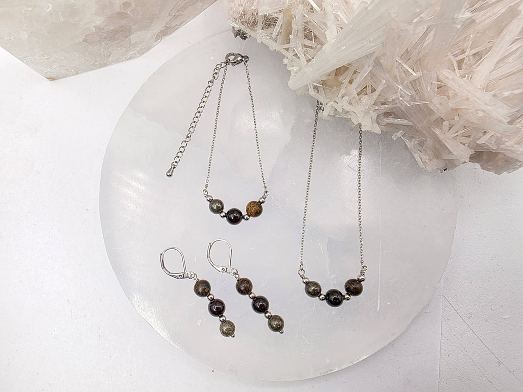 STAY IN MY POWER - Pyrite, Bronzite, Garnet Jewelry Set