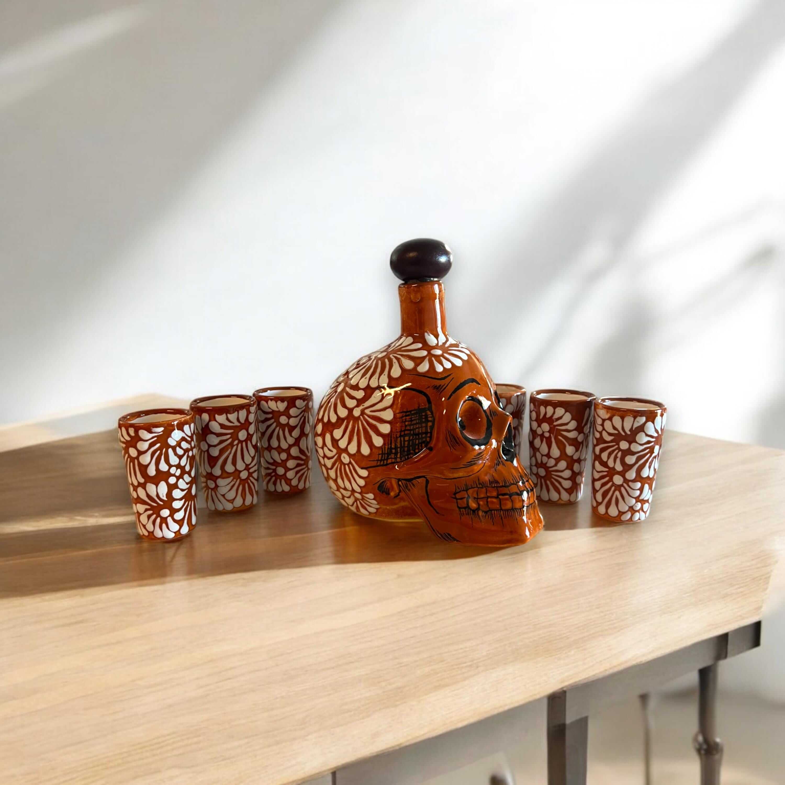 Handmade Skull Decanter Set | Brown & White Mexican Barware