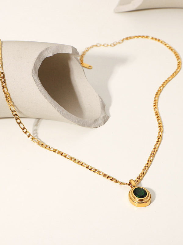 Cubic Zirconia Oval Pendant Necklace - Stainless Steel