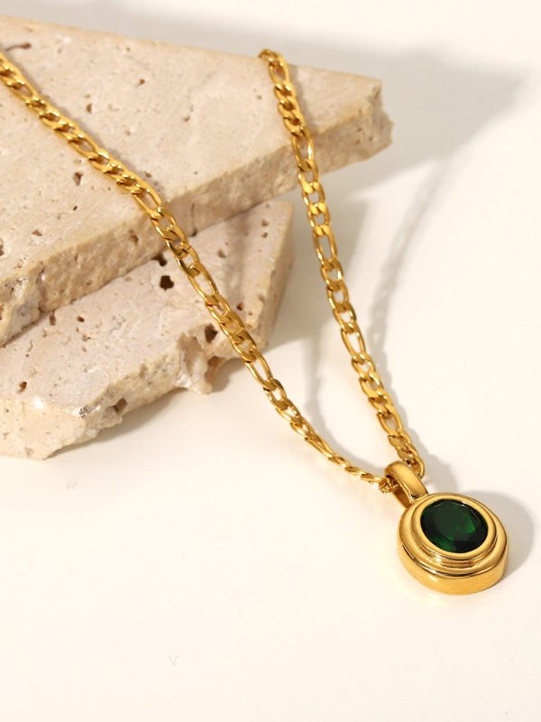 Cubic Zirconia Oval Pendant Necklace - Stainless Steel