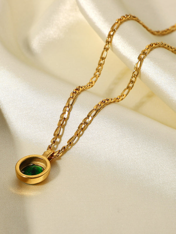 Cubic Zirconia Oval Pendant Necklace - Stainless Steel