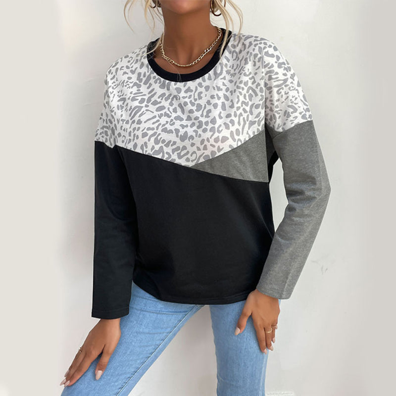 Women's casual style color-block leopard print long-sleeved sweatshirt