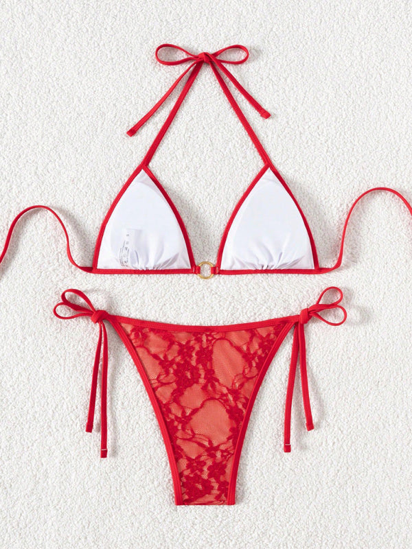 Red lace halter bikini