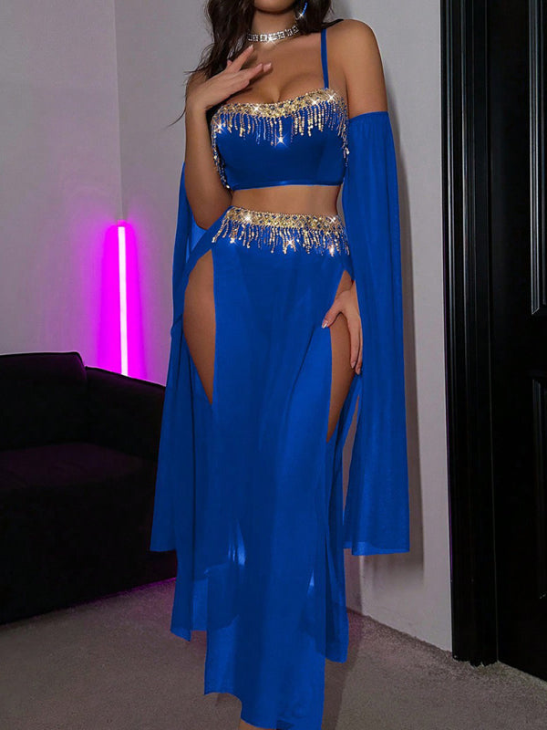 Sexy tassel pole dance fun suit belly dance sequin lace hot set