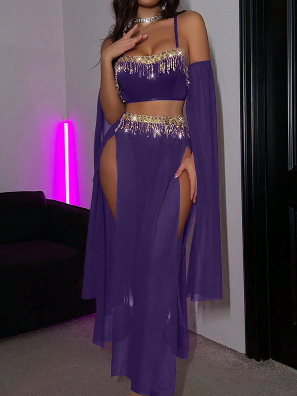 Sexy tassel pole dance fun suit belly dance sequin lace hot set