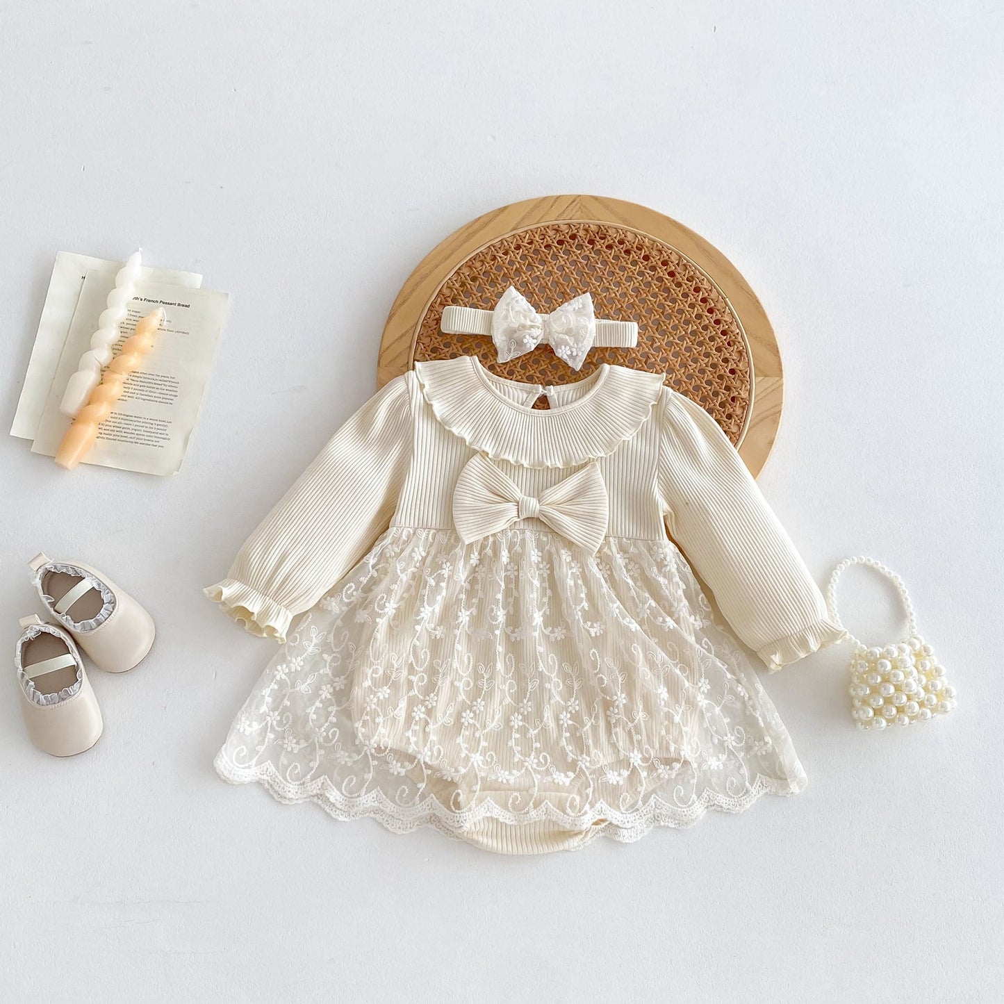 Autumn Arrival Baby Girls Long Sleeves Floral Embroidery Tulle Onesies Dress