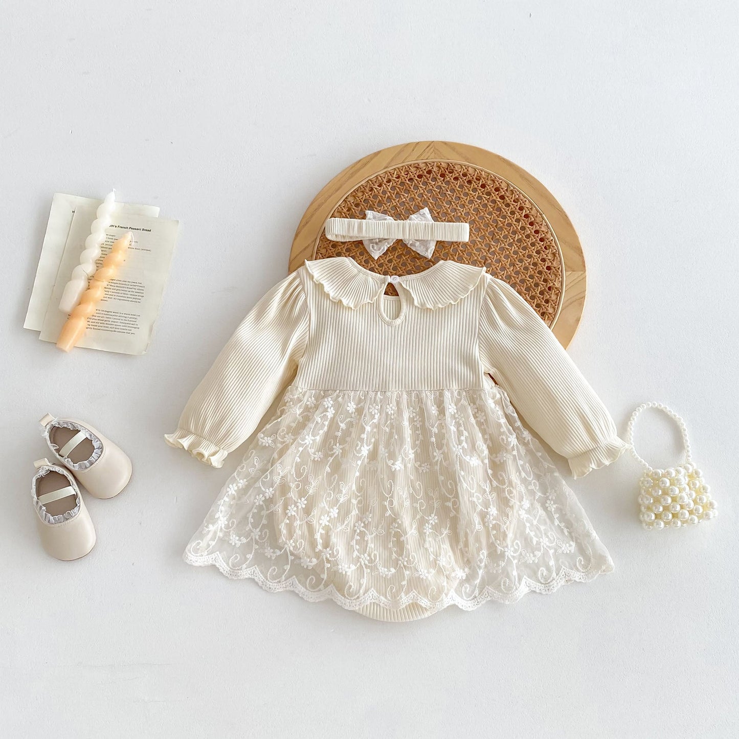 Autumn Arrival Baby Girls Long Sleeves Floral Embroidery Tulle Onesies Dress