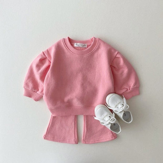 Autumn Baby Kids Unisex Casual Solid Color Long Sleeves Pullover and Flared Pants Clothing Set