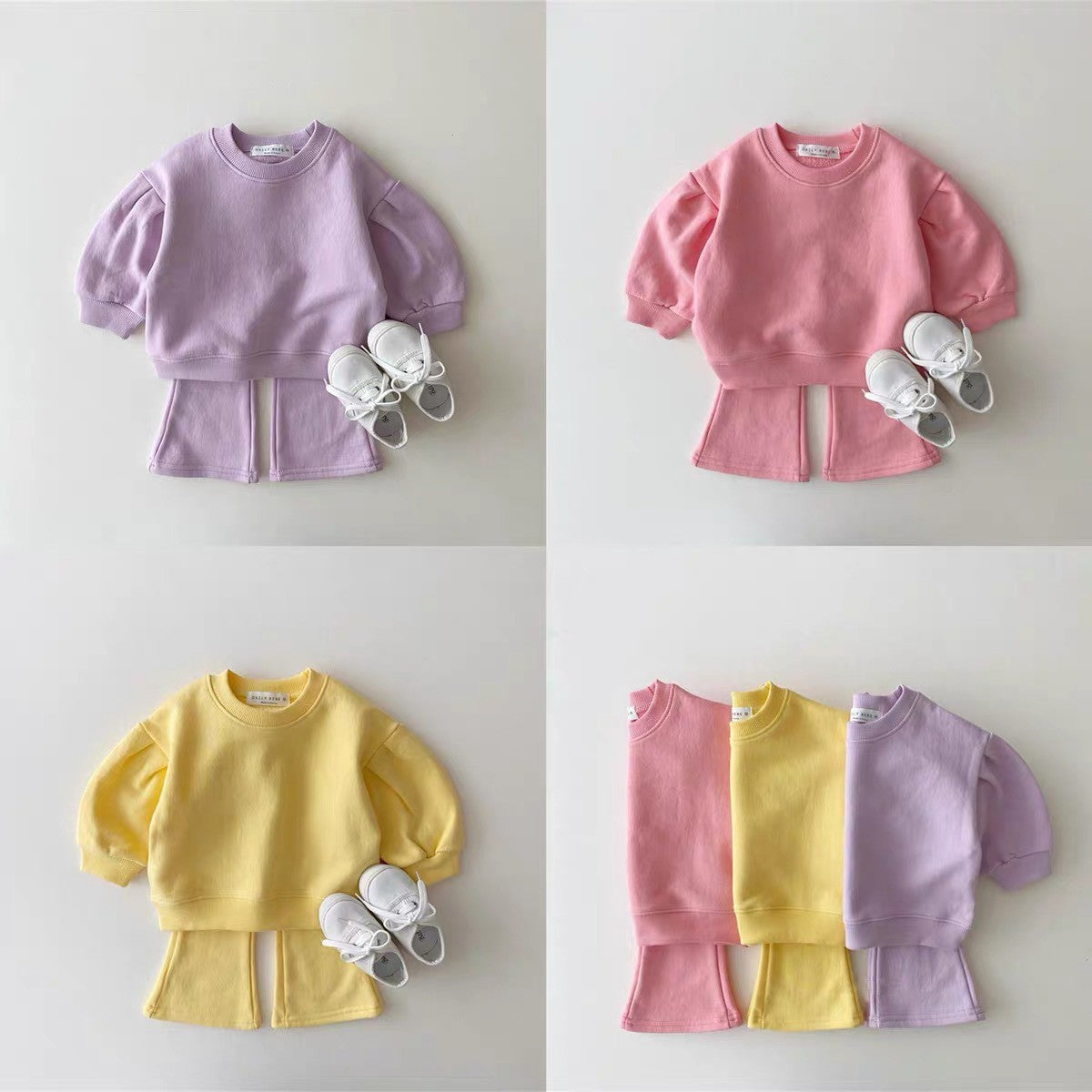 Autumn Baby Kids Unisex Casual Solid Color Long Sleeves Pullover and Flared Pants Clothing Set