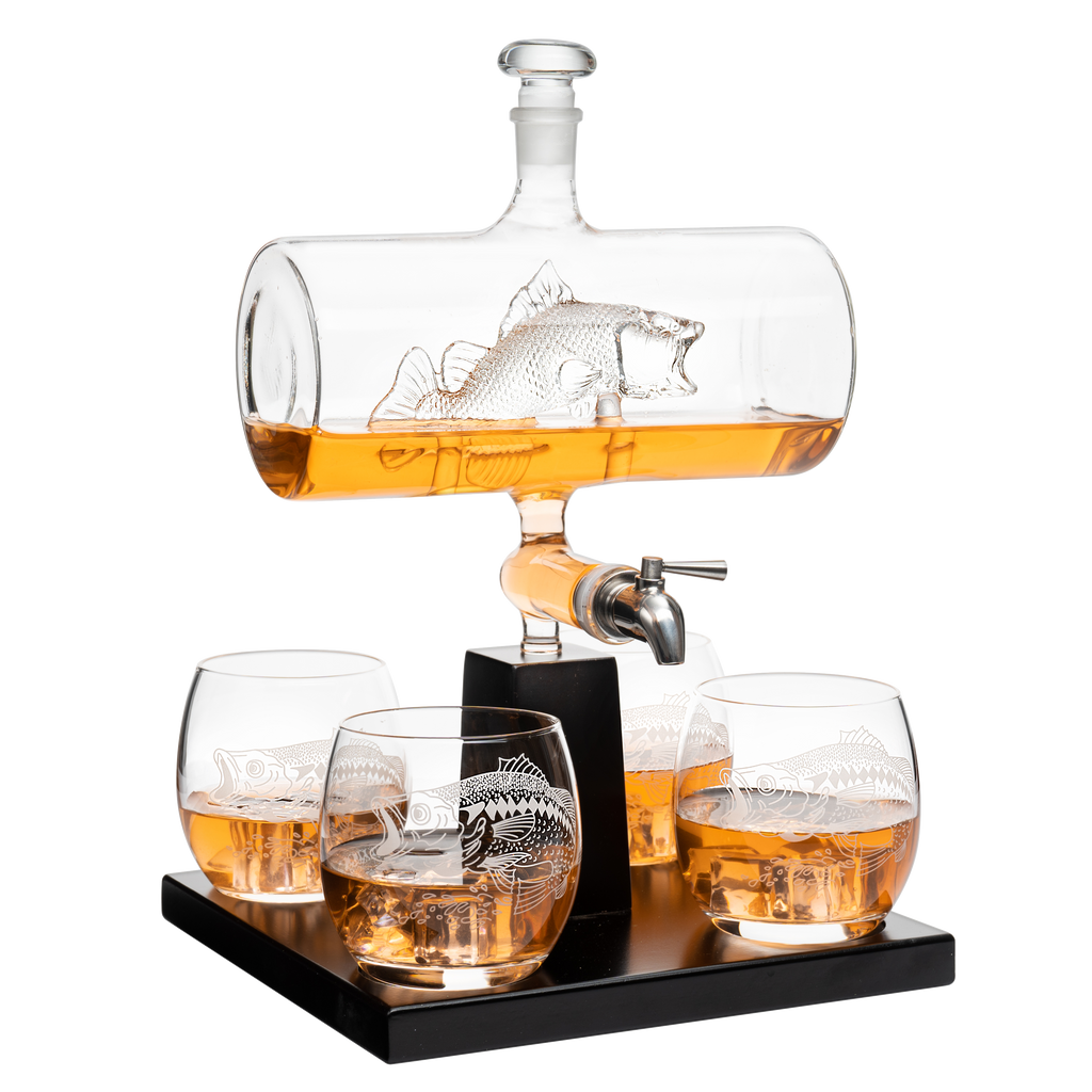 Bass Fish Whiskey Decanter Set - 1100ml Decanter with 4 Glasses for Fishermen