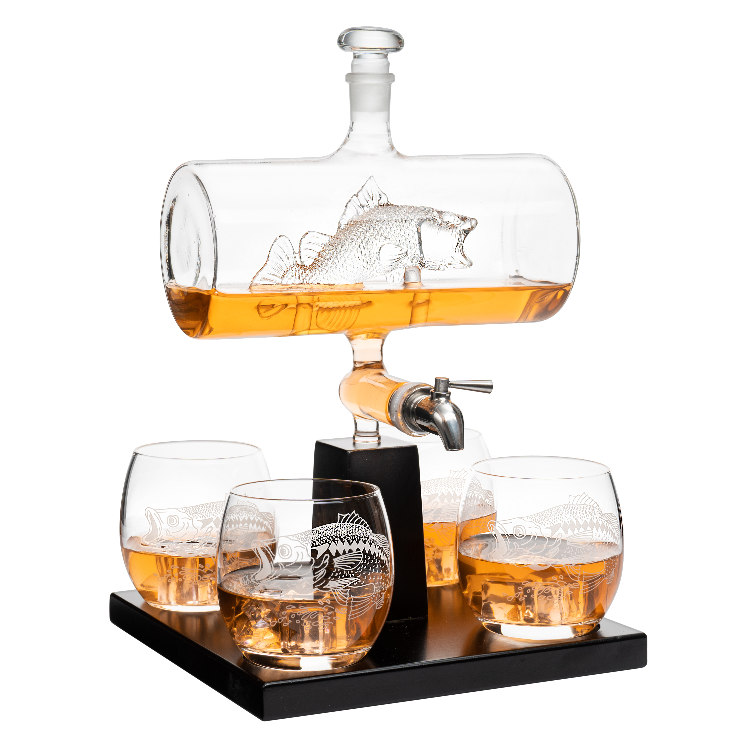 Bass Fish Whiskey Decanter Set - 1100ml Decanter with 4 Glasses for Fishermen